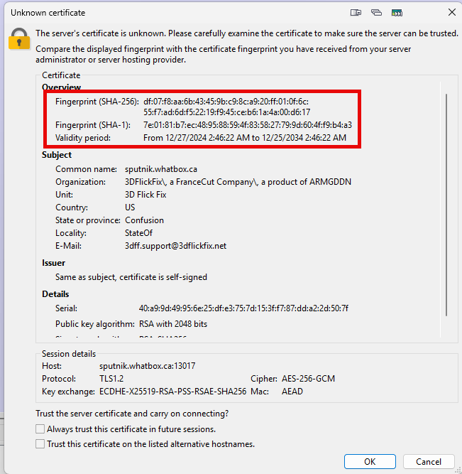 Unknown Certificate for Sputnik